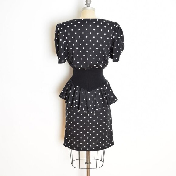 vintage 80s dress black white polka dot print peplum ruffle secretary puff M - Picture 7 of 9